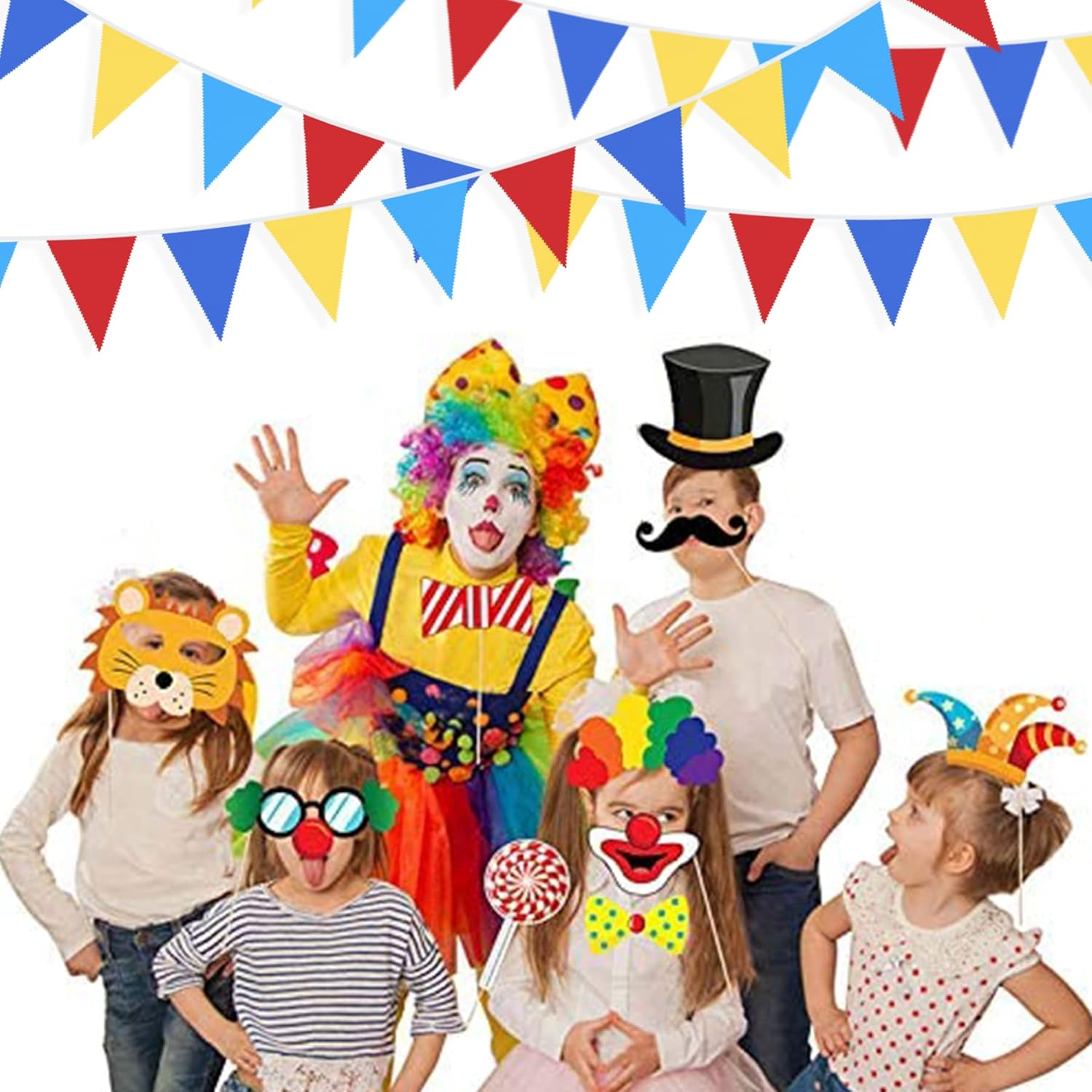 32Ft Red Blue Yellow Party Decorations Carnival Circus Clown Triangle Flag Pennant Bunting Banner Fabric Garland for Kids Birthday Baby Shower Wedding Outdoor Garden Festivals Hanging Decorations - 80S image number 7