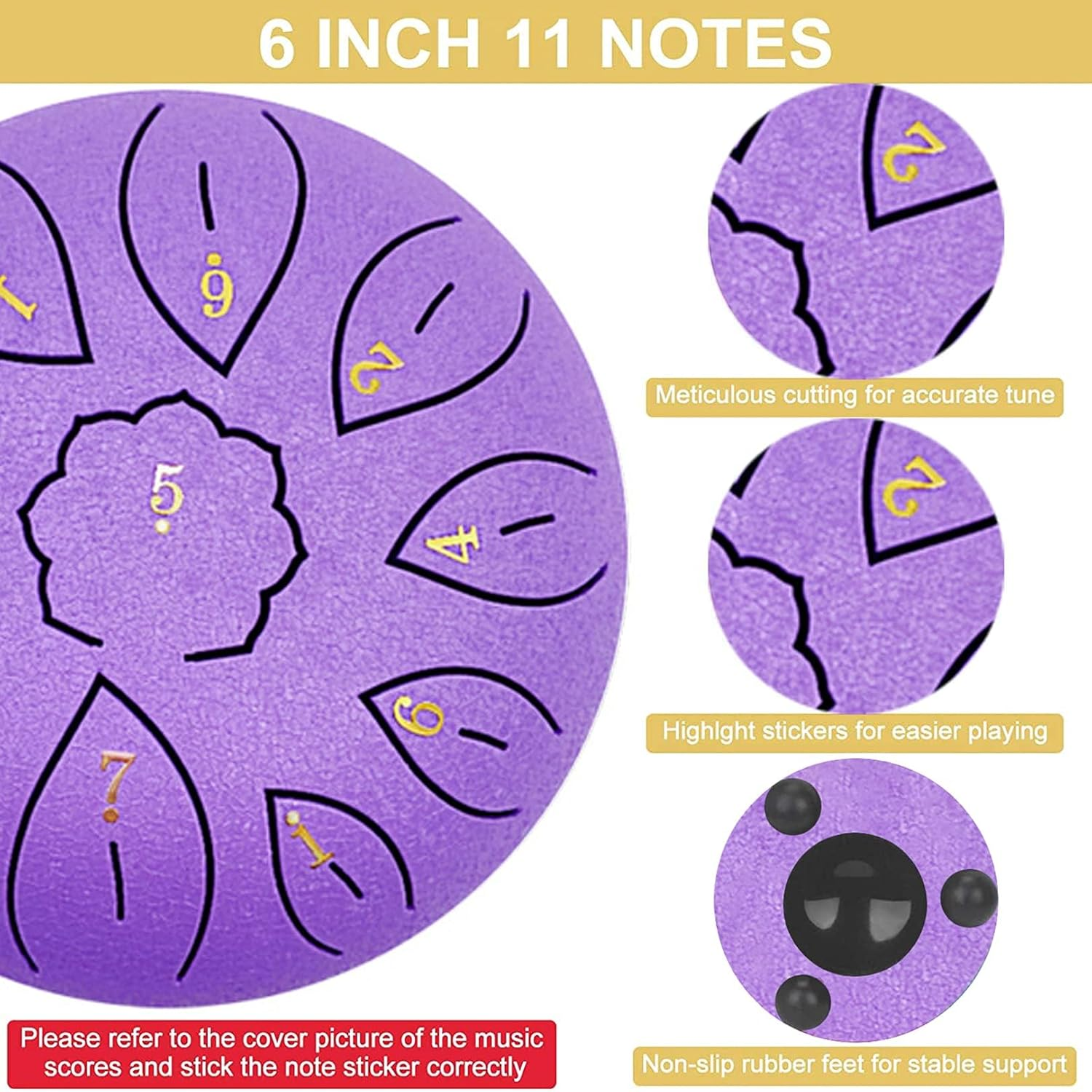 Steel Tongue Drum 6 Inch 11 Note, Rain Drum for outside D Major Handpan Drum for Meditation Yoga Musical Education, Handpan Dr Um for Kids, Sound Healing Meditation (Purple, 6-Inch)