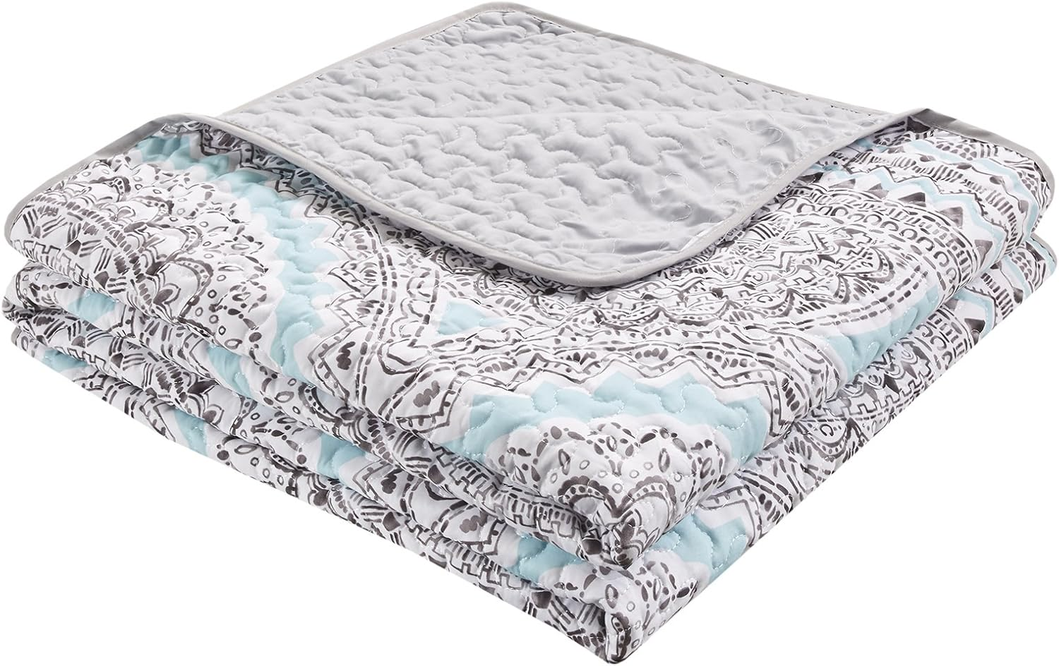 Comfort Spaces Reversible Quilt Set - Vermicelli Stitching Bohemian Design, All Season, Lightweight, Coverlet Bedspread Bedding, Shams, Full/Queen(90"X90") Adele Aqua Medallion 3 Piece image number 1