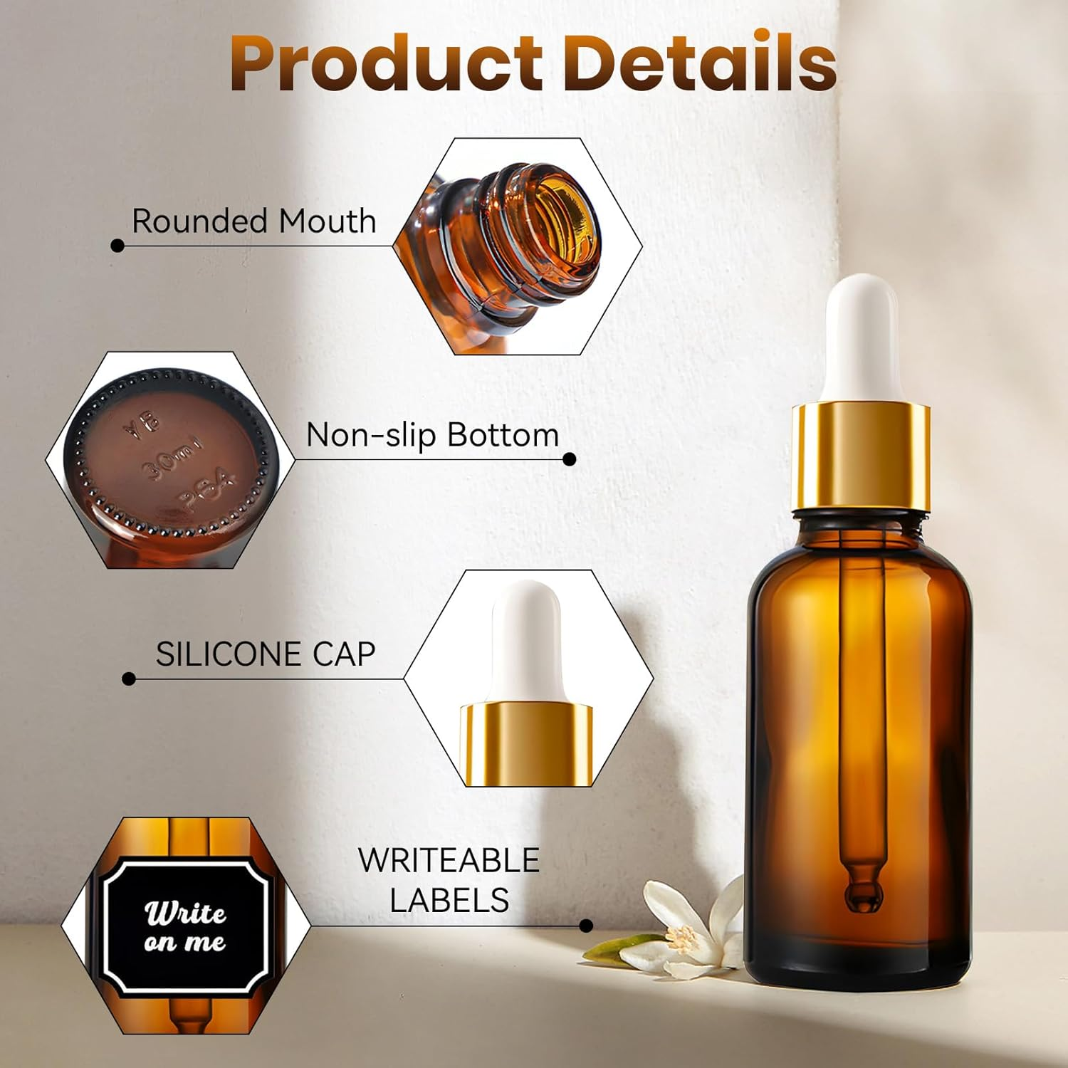 Fayrvind 6 Pack 30Ml Amber Glass Dropper Bottles, Small Travel Bottle with Pipette, Mini Boston Refill Cosmetic for Essential Oil, Liquid, Lab Dispenser, Serum, Aromatherapy, with 12 Labels and Pen image number 5