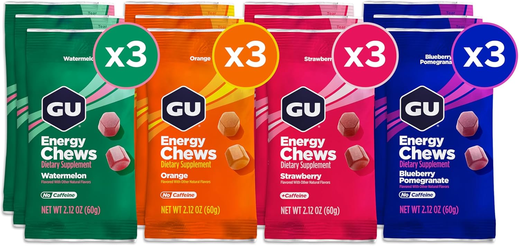 GU Energy Chews, Variety Pack Energy Gummies with Electrolytes, 12 Bags (24 Servings Total) image number 2