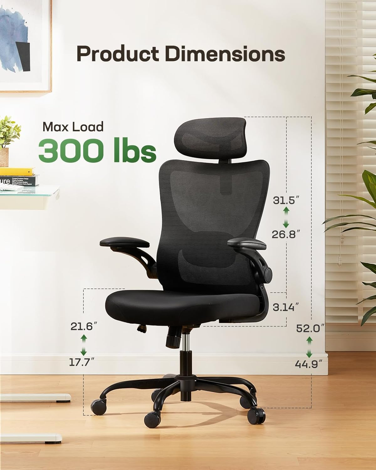 Marsail Office Chair Ergonomic Desk Chair with Adjustable Headrest Lumbar Support and Foldable 3D Armrests Computer Chair with Height Adjustment Swivel Chair up to 136 Kg / 300 Lb Load Capacity image number 3