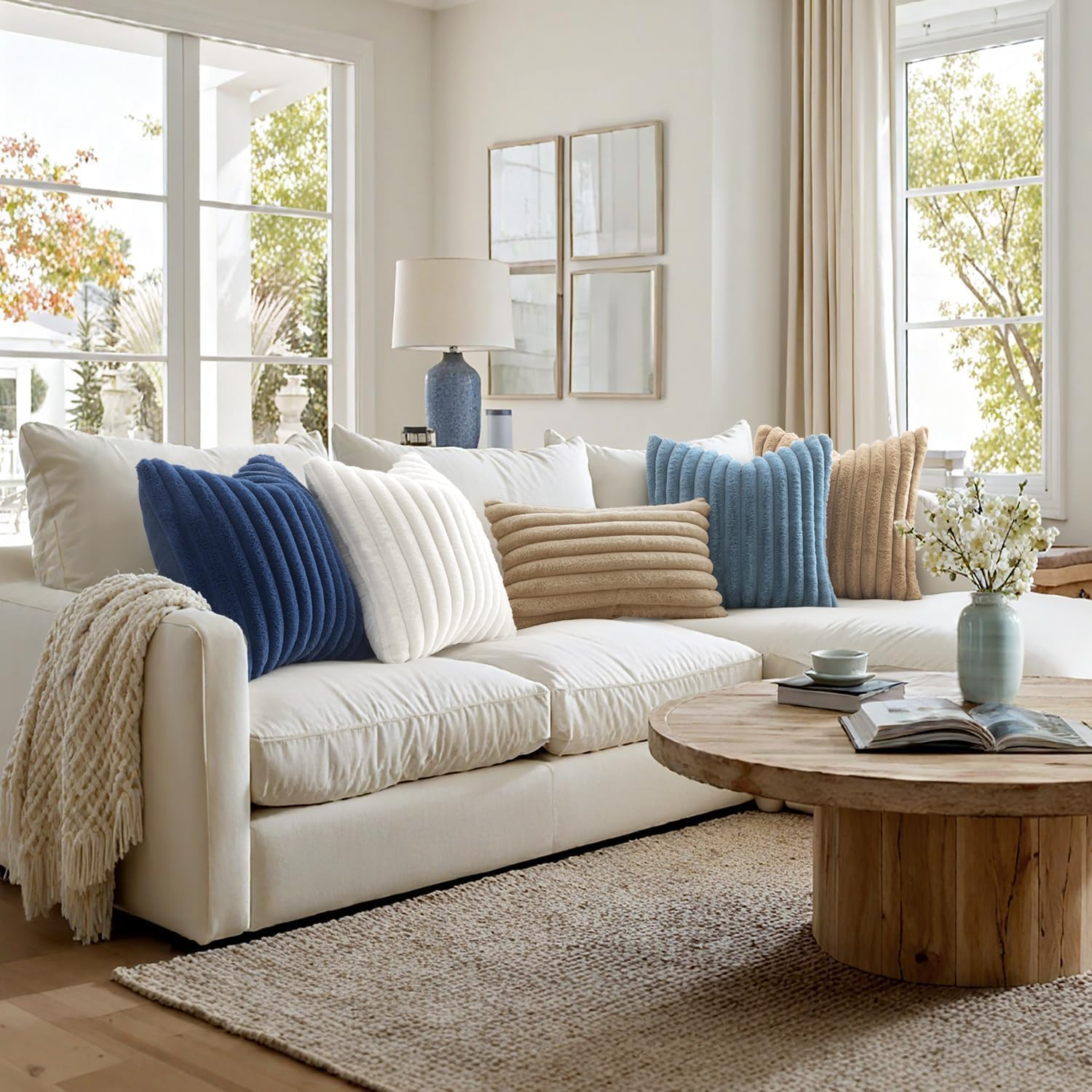 Faux Fur Throw Pillow Covers &ndash; Set of 2 Plush 18X18 Inch Cushion Covers Ultra-Soft Navy Blue Decorative Pillows for Sofa, Bed & Modern Spring Home Decor Navy Blue image number 5