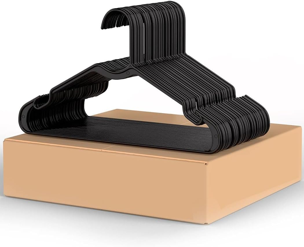 Idopick Plastic Clothes Hangers, 60 Pack Non-Slip Suit Clothes Hangers Space Saving for Coats, Shirt Dress, Tie, Pants & Closet Organizer,Black (Black)