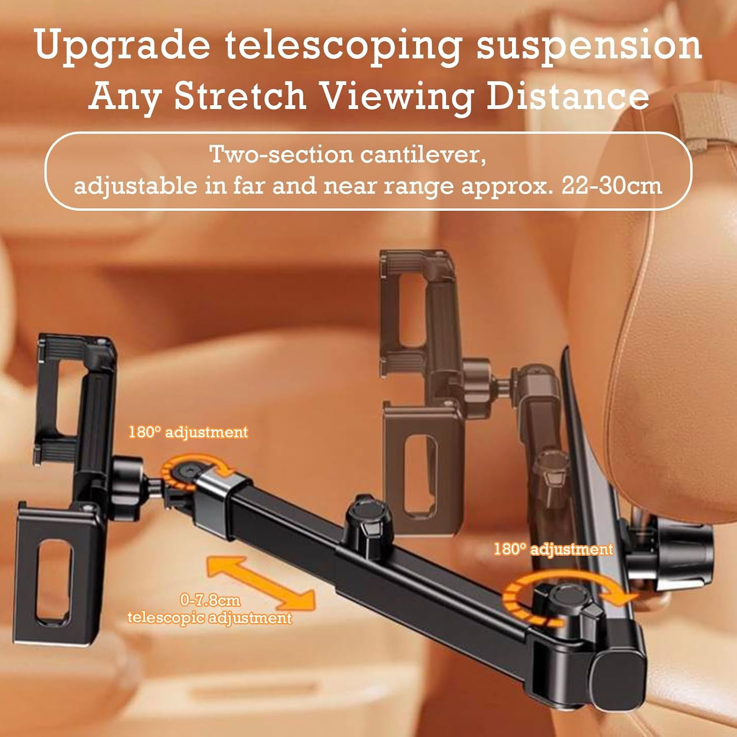 Car Headrest Tablet Holder, 3 In1 Stretchable Ipad Iphone Mount for Car Backseat, Universal 360&deg; Rotating Car Back Seat Stand Cradle Compatible (2-Fold) image number 6