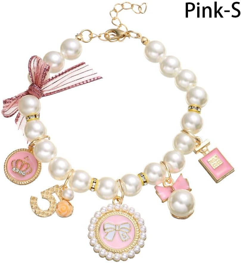 Pink Dog Pearl Collars Pet Necklace Princess Bow Necklace Sweet Bow Cute Collar Puppy Accessories Cat Jewelry Pearl Neck Strap Basic Collars for Dog Cat Adjustable Jewelry Collars(S)