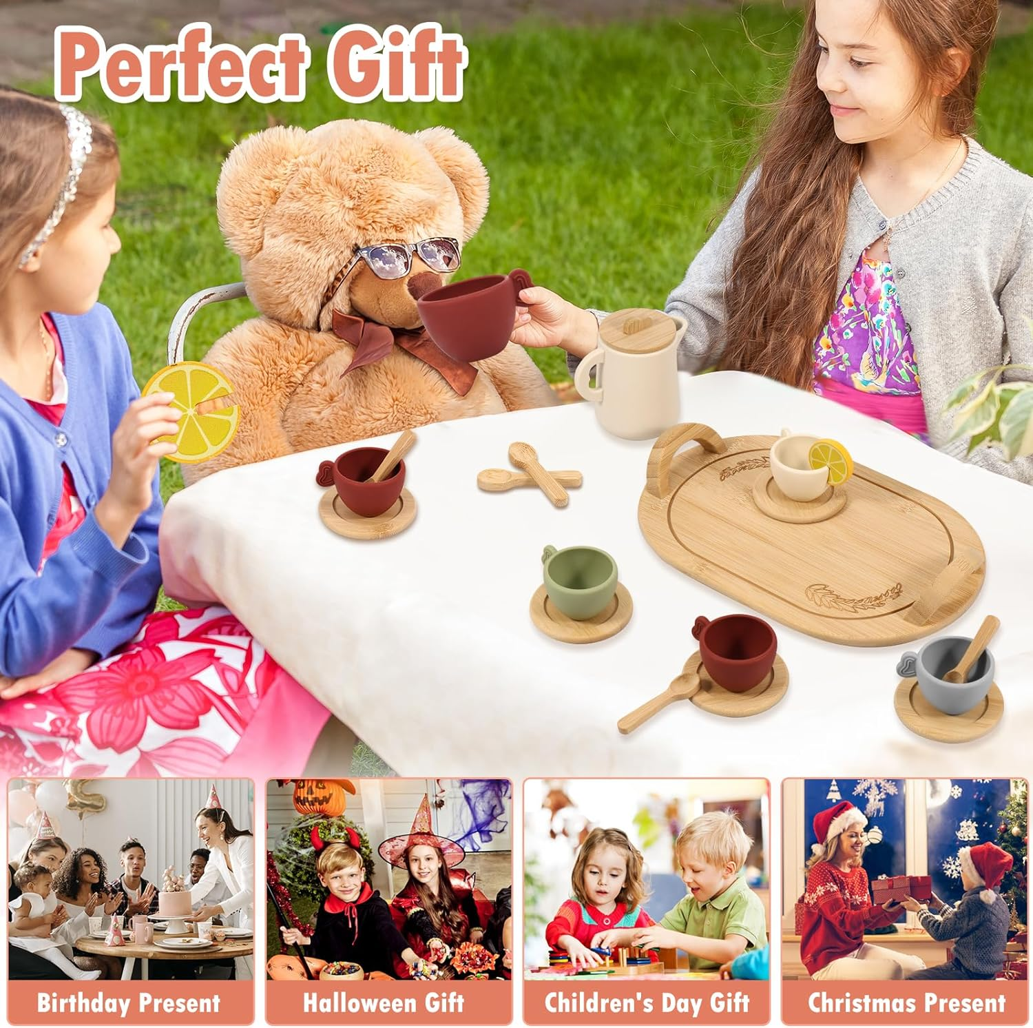 Wooden Tea Set for Little Girls, 14Pcs Tea Party Set for Kids, Simulation Afternoon Tea Kit, Interactive Children Early Education Toys for Girls Birthday Gift (Wood) image number 2