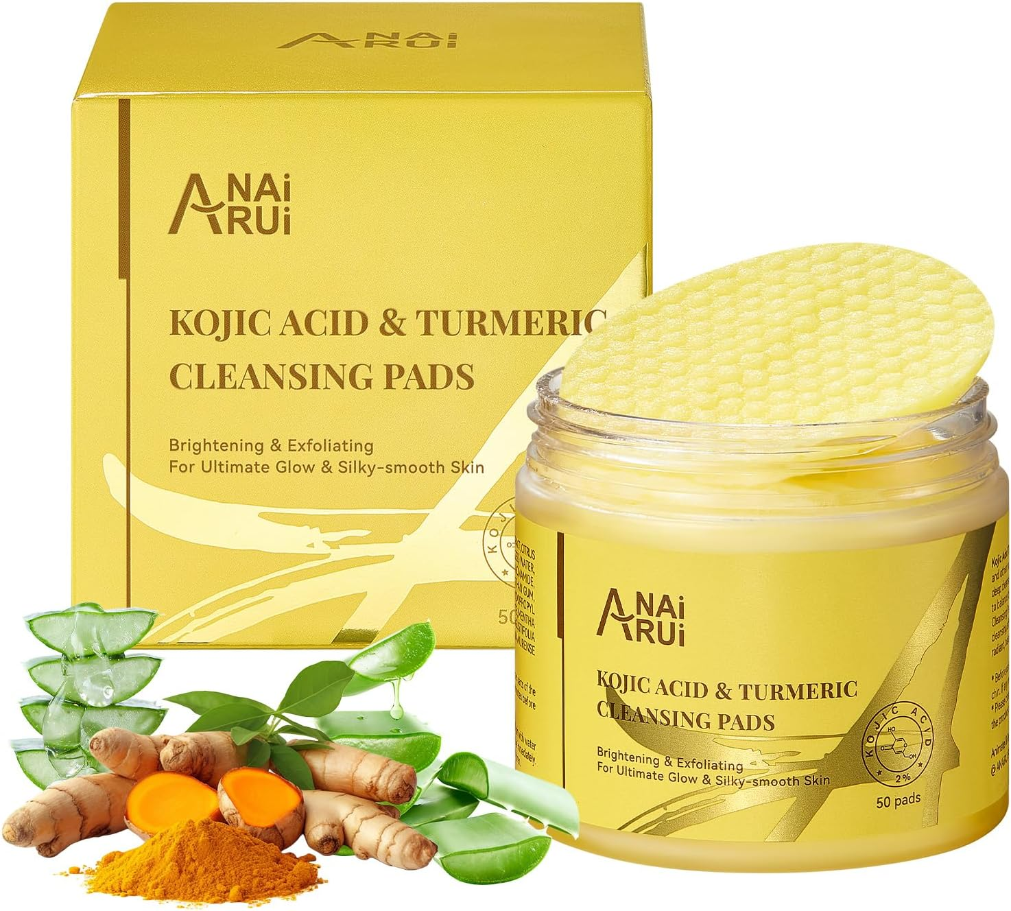 ANAI RUI Turmeric Kojic Acid Exfoliating Cleansing Pads, Deep Cleansing Brightening Pads, Exfoliating Scrub Pad for Face and Body, Acne Treatment, Make-Up Remover Wipes, 50 PCS image number 5
