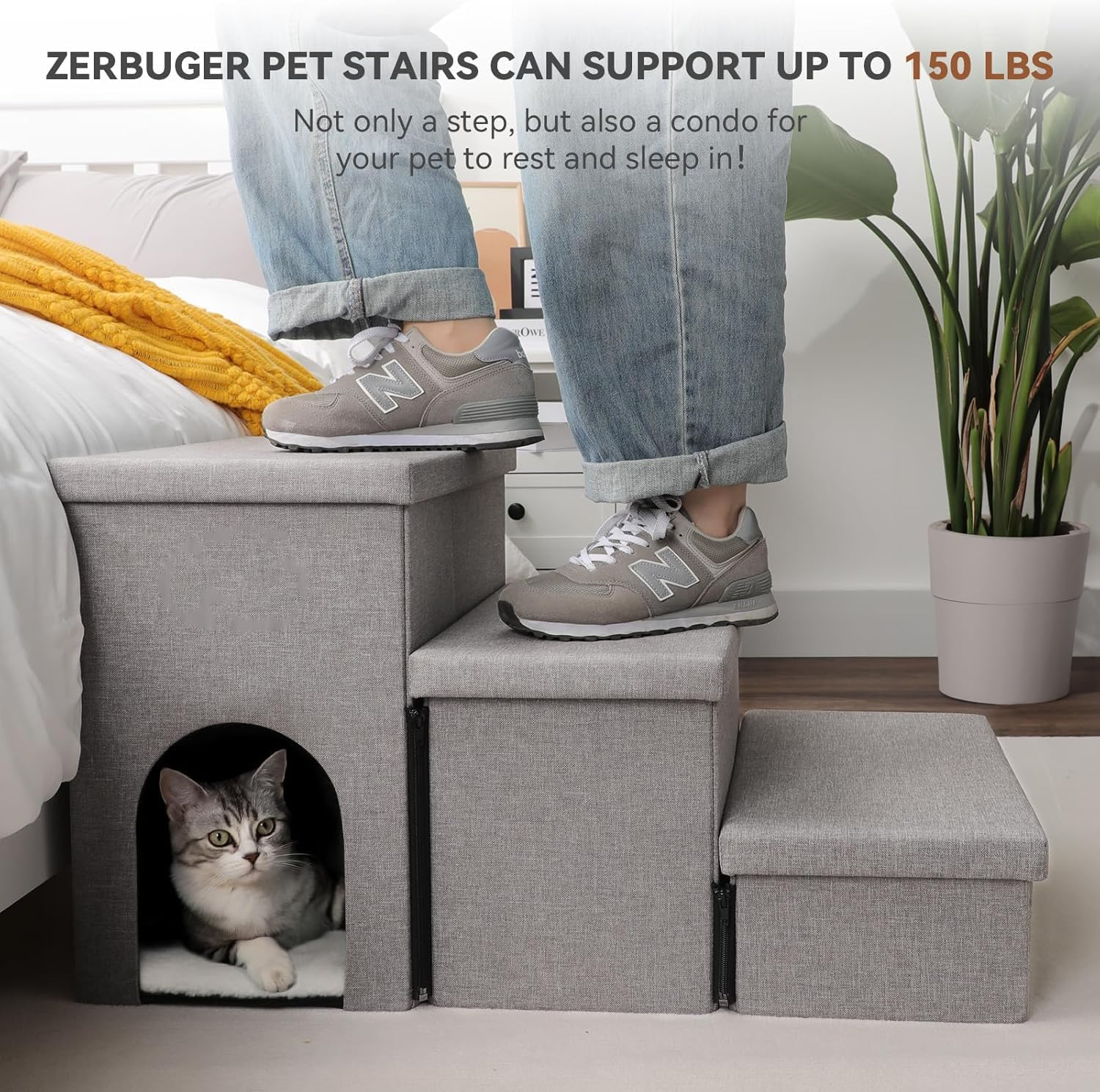 Dog Step Stairs with Storage, Foldable 3-Step Wider Dog Steps for High Beds Couch, Portable Cat & Puppy Steps, Dog Stair Ramp with Storage Box image number 2