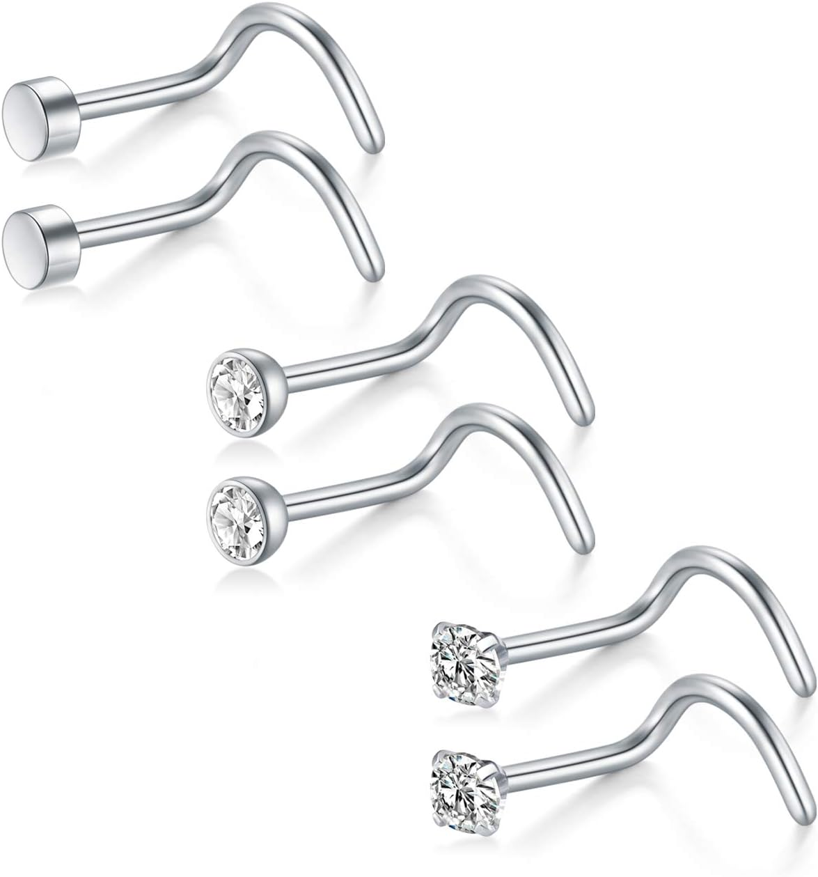 Briana Williams 3 Pairs 18G Stainless Steel Nose Rings Stud Set for Women Men Screw Nostril Piercing Jewelry 1.5Mm 2Mm 2.5Mm 3Mm Clear CZ Flat