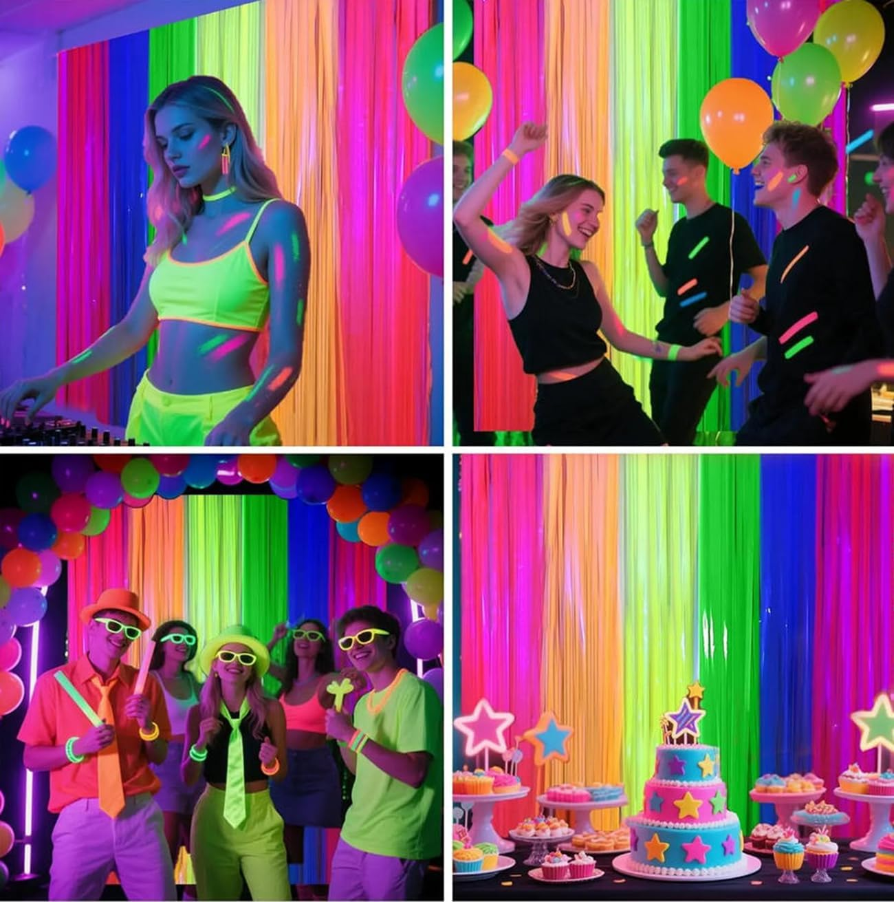 3Pack Matching Foil Fringe Curtain Backdrop Glow in the Dark Party Supplies Fluorescent Macaron Tassel Curtain Photo Booth Props Background Streamers Party Decoration