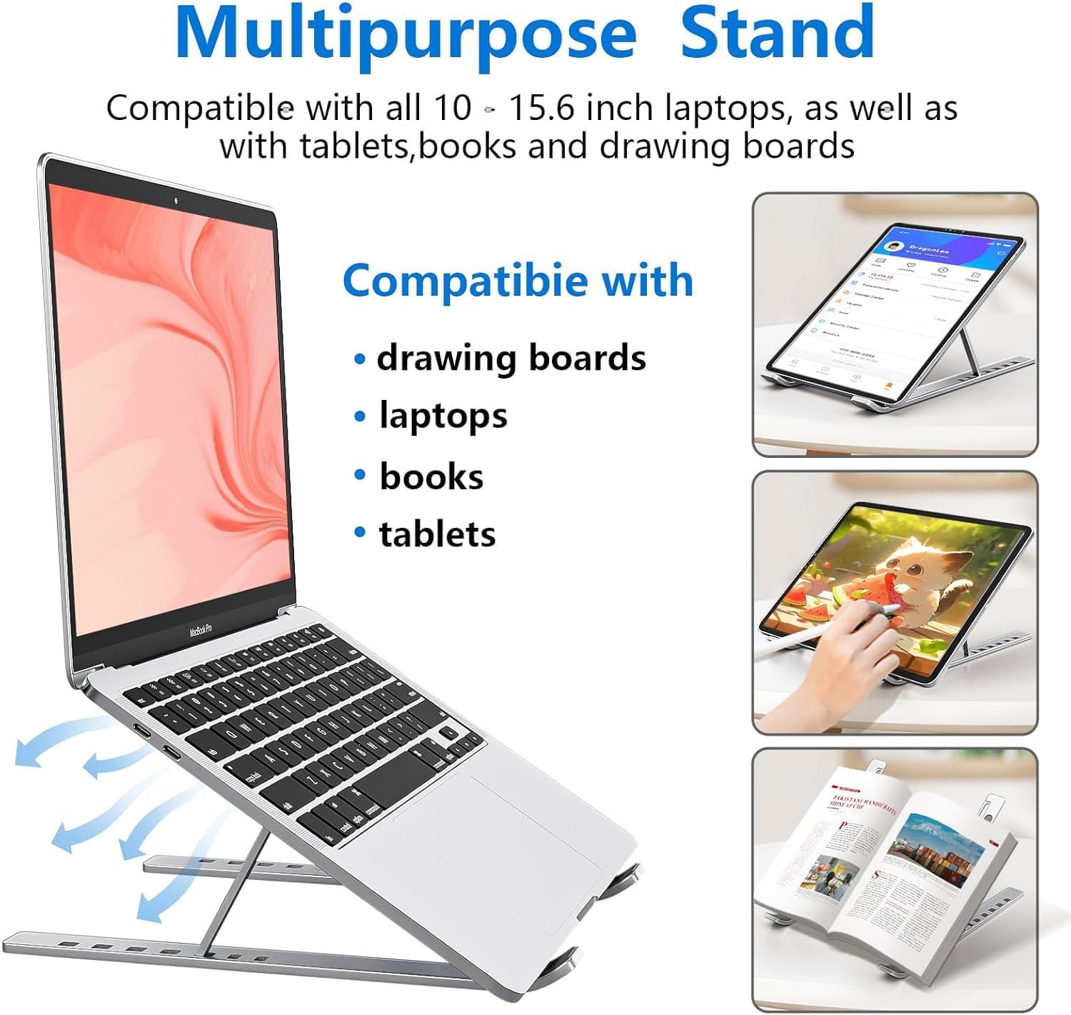 Laptop Stand, Hlculture Portable Adjustable Tablet Stand, Foldable Aluminum Laptop Holder Riser, Compatible with Macbook Air, Macbook Pro, HP, More 10-15.6" Laptops & Tablet (Silver-1Pack) - Silver-1Pack image number 2