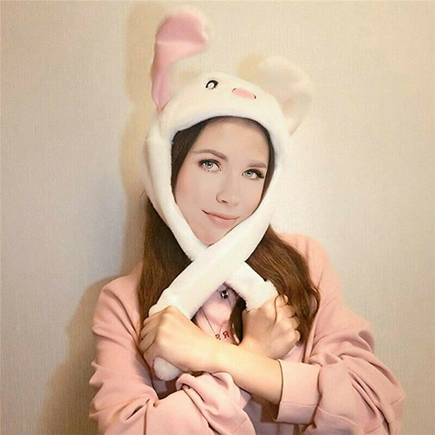 Funny Bunny Hat Ear Moving Jumping Rabbit Hats, MH MOIHSING Dancing Ear Hat Cute Animal Ear Flap Plush Hat Cap with Paws for Women Girls, Cosplay Christmas Party Holiday Hats (White) image number 2