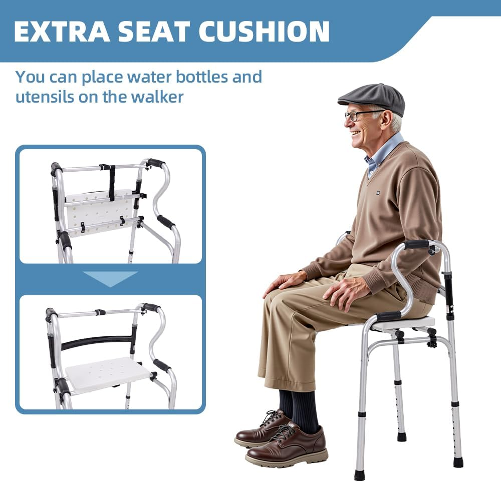 Folding Walker with Seat and Storage Bag,Adjustable Height, 2-In-1 Fixed，Cross Walk Modes, Portable Aluminum Alloy,Walkers for Seniors, Disabled, Mobility-Impaired Users image number 3
