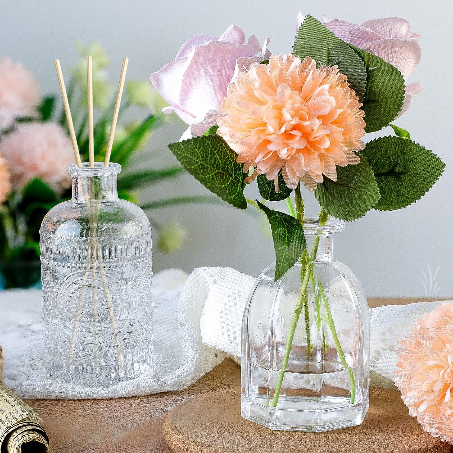 Glass Vase Bud Vases in Bulk Set of 12, with 8 Glass Stoppers,Small Vases for Flowers,Embossed Clear Flower Vase,Vintage Glass Bottle Great for Table Decor,Wedding Centerpiece Table and as a Gifts image number 4