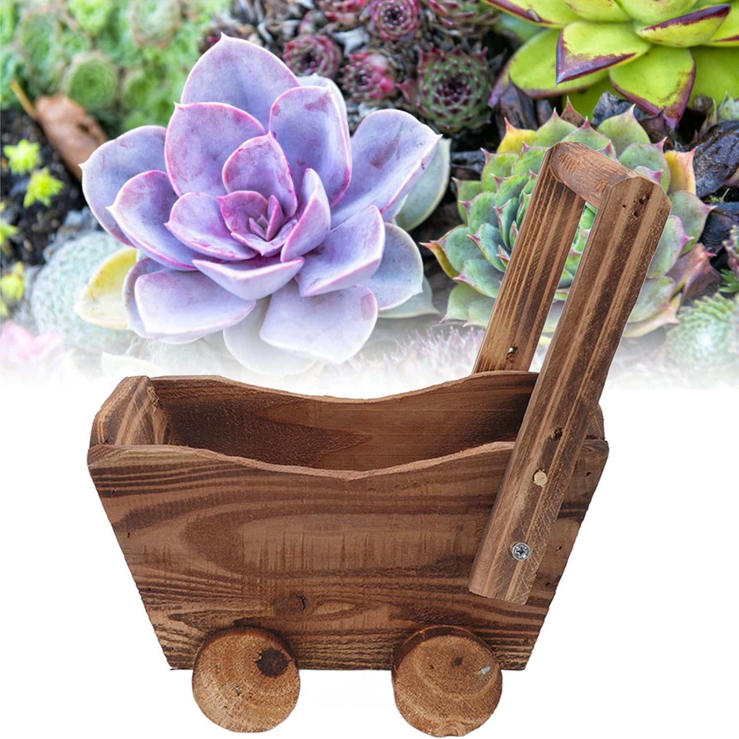 Gernie Rustic Cedar Wood Planter, 9.25X6.3X6.3Inch Wheelbarrow Style, Indoor/Outdoor, Green, Flower Pot Wooden Cart image number 4