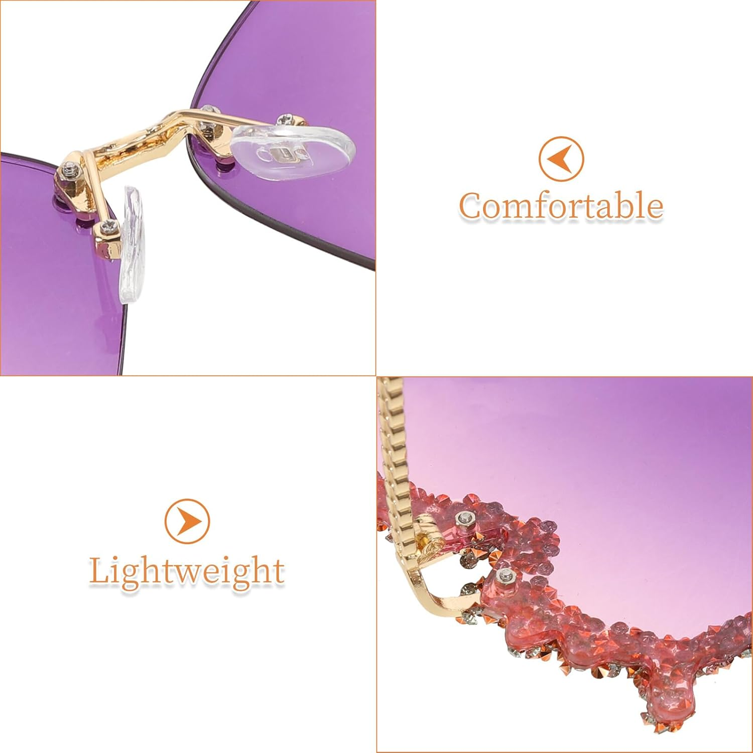 Yardenfun 4Pcs Rhinestone Butterfly Sunglasses for Women Lightweight Rimless UV Protection Retro Style for Beach Parties Festivals and Everyday Wear image number 6