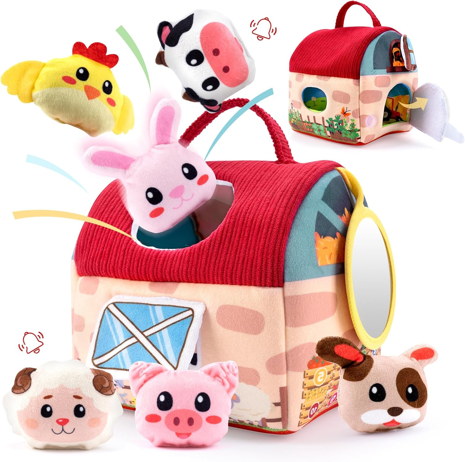 Rayouth Baby Toys 6-12 Months, Soft Barn House with 6PCS Stuffed Farm Animals, Sensory Montessori Toy for Toddlers 1-3, Rattle, Crinkle Sound & Mirror, Infant Boys Girls Developmental Birthday Gifts image number 3