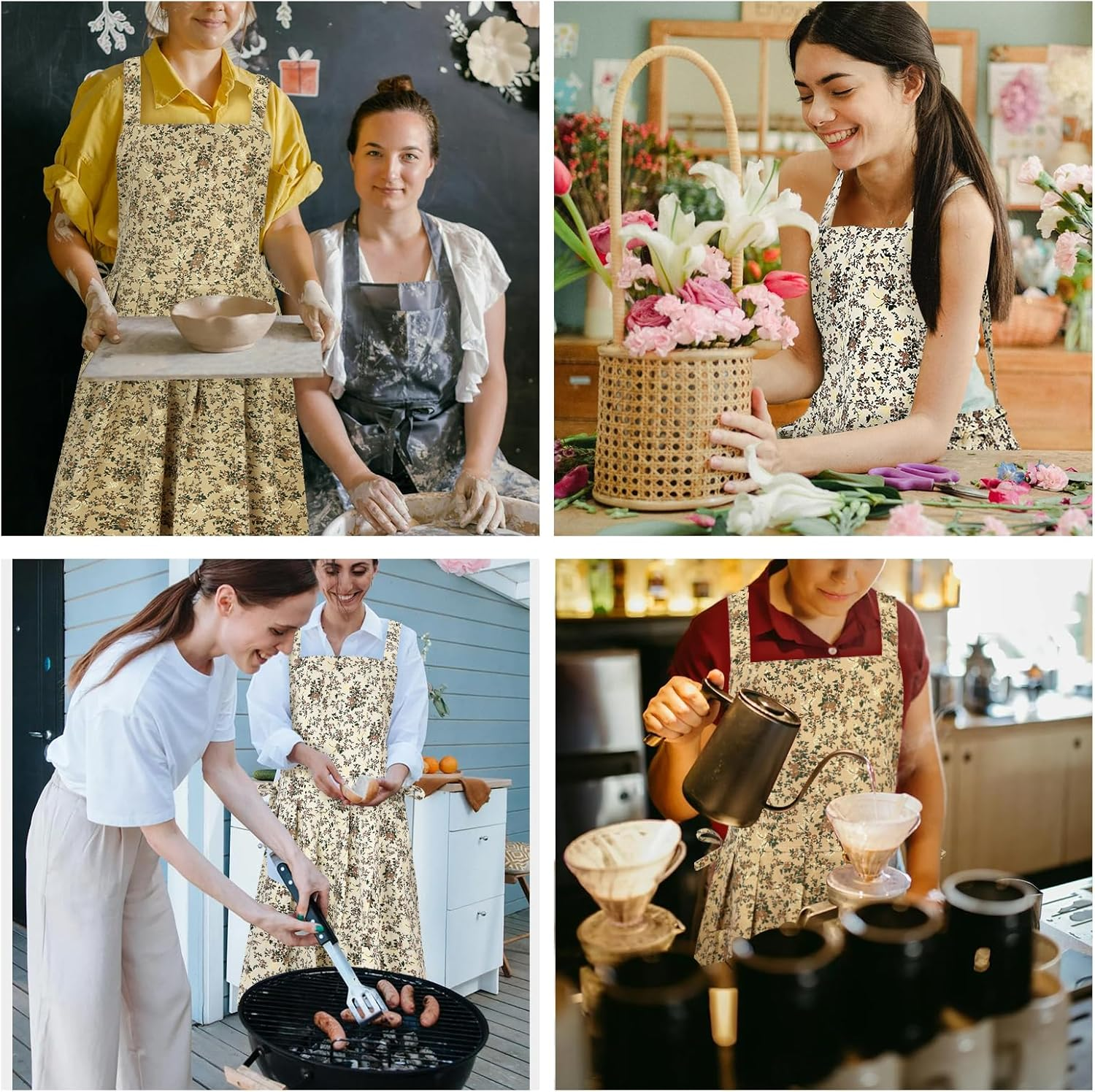 Surblue Cotton Aprons for Women Japanese Style Waterproof Cute Kitchen Aprons with Pockets Pinafore Dress for Painting Cleaning Cooking Gardening - Beige image number 3