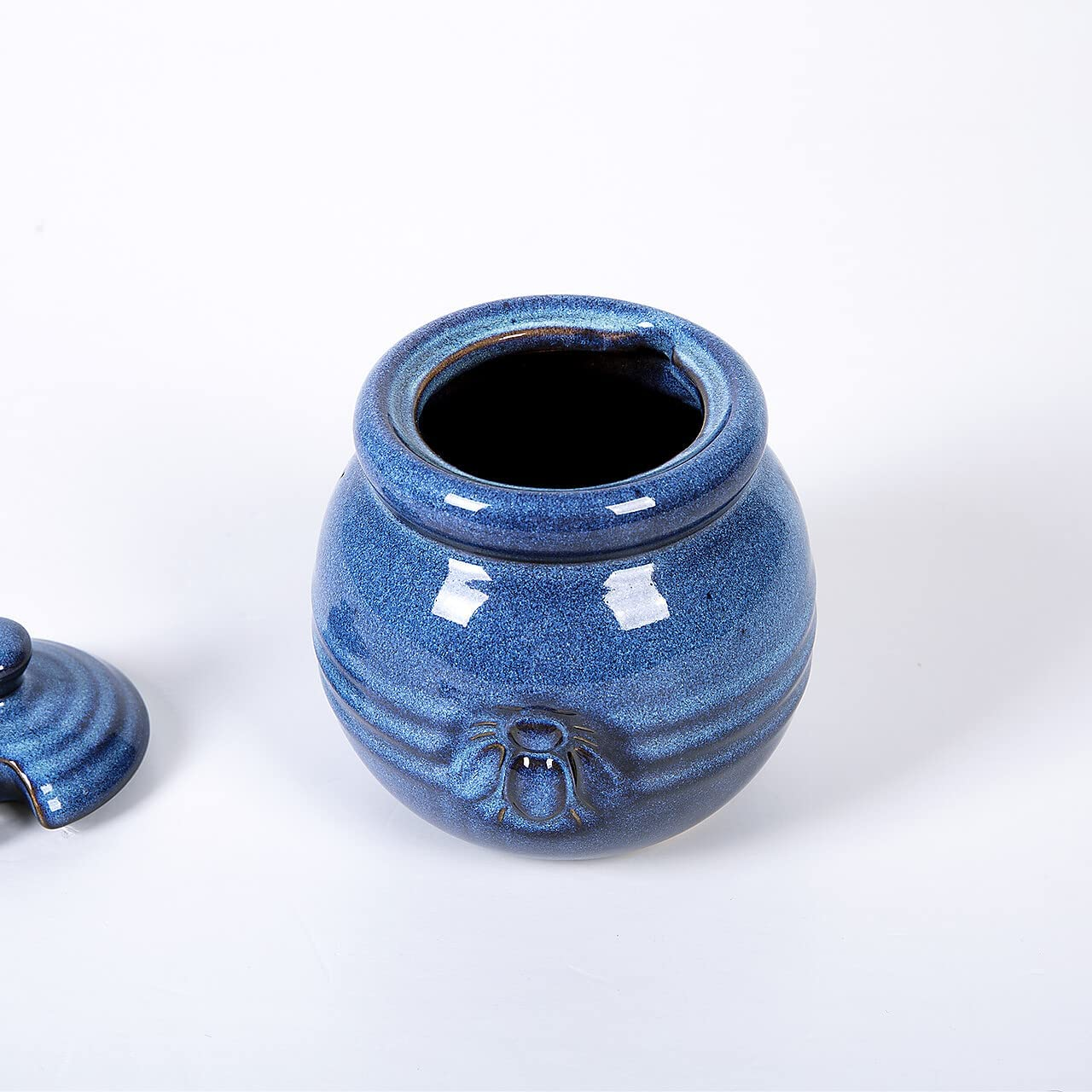 Cutiset Ceramic Honey Pot with Lid and Dipper, 20Oz Rustic Honey Jar (Blue)