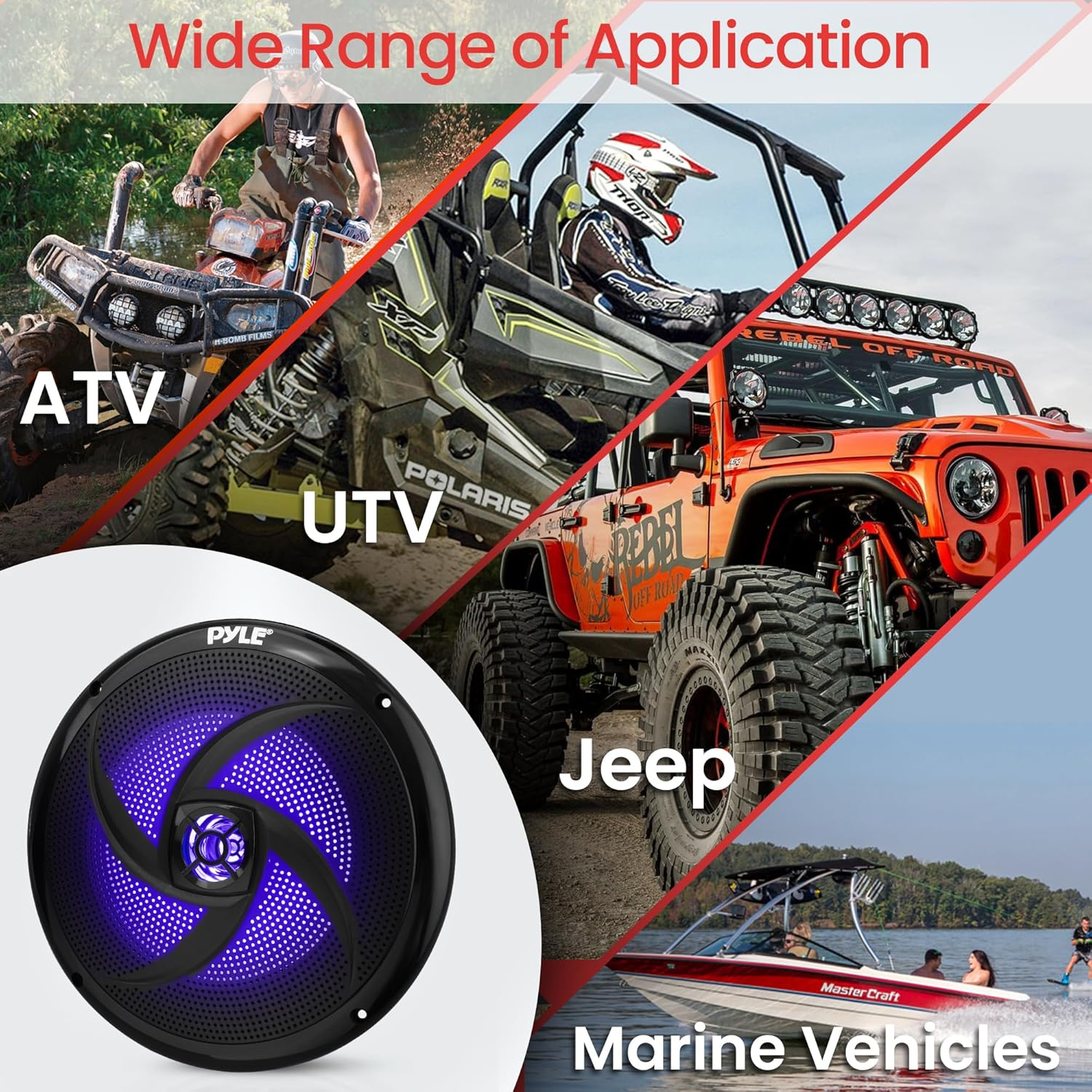 Pyleusa Dual 8'' Marine Speakers - 2 Way Full Range Stereo Sound, 160 Watt, Black - LED Light: Blue Illumination, Water-Resistant Design