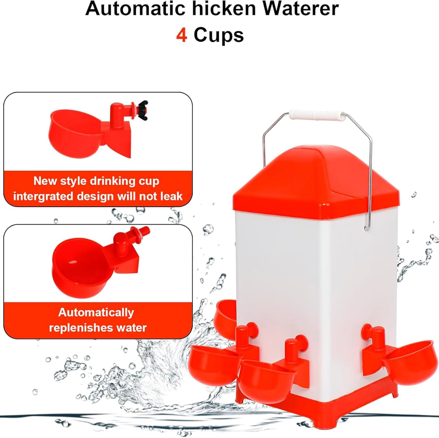 CLOUDSEASON Chicken Feeder and Waterer Set 8Kg Auto Chicken Feeders and 4L Poultry Waterers 4 Auto-Fill Water Cups and 2 Feeding Ports with Rain Hood image number 6