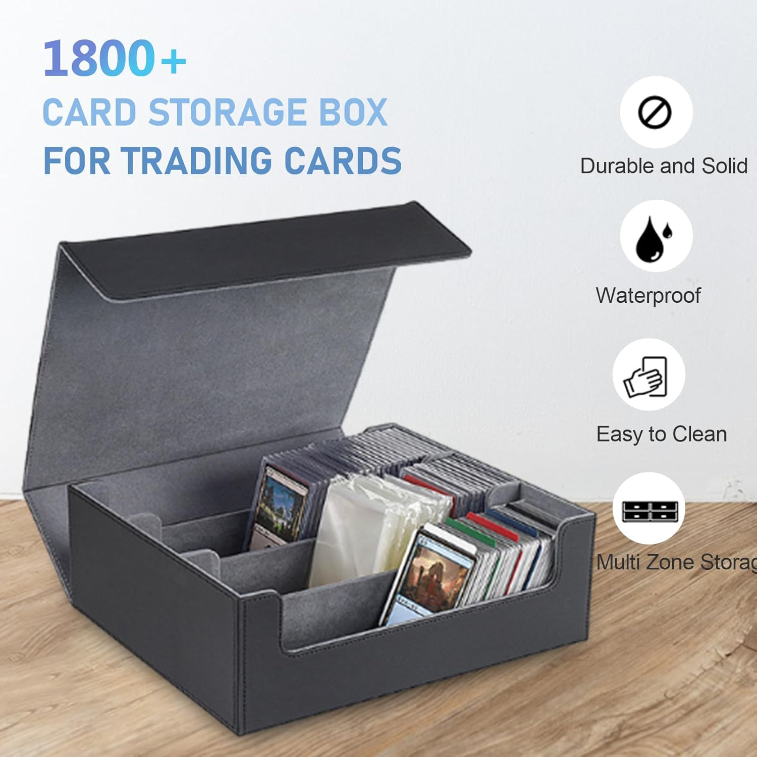 Card Deck Case for Trading Cards 1800+, PU Leather Magnetic Closure Card Storage Box Game Card Case, for Game, Sport Cards (Black Shell with Grey Lining)