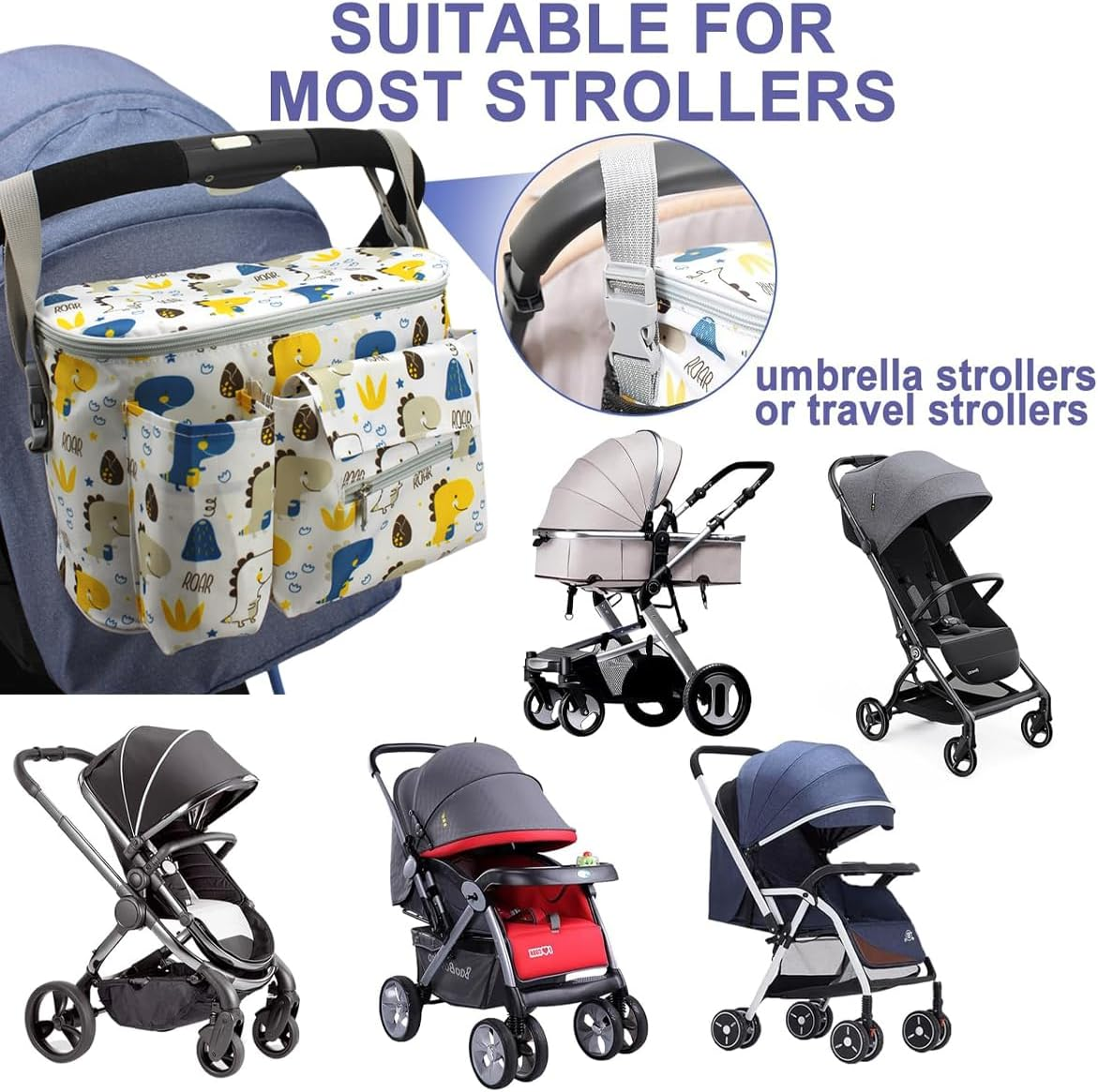 AIMALL Baby Stroller Hanging Organiser Bag, 12.2X7.8X5.9In Waterproof Multi-Pocket Diaper Storage with Tissue Dispenser, Universal Fit for Prams & Buggies image number 3