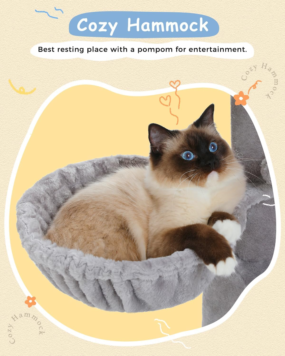 PAWZ Road Cat Tree for Indoor Cats, 88Cm Cat Tower with Top Perch, Cozy Hammock, Large Condo, Scratching Posts and Pad, Kitten Climbing and Dangling Ball image number 6