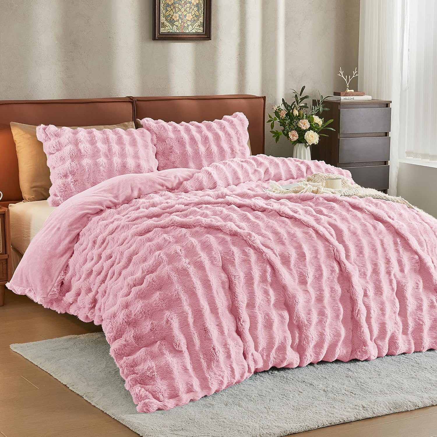 JELLYMONI Plush Duvet Cover Set - Twin Size Black Faux Fur Comforter Cover 2Pcs Bedding Set Luxury Ultra Soft Striped Fluffy Duvet Cover with Zipper and 1 Pillowcase (NO Comforter)