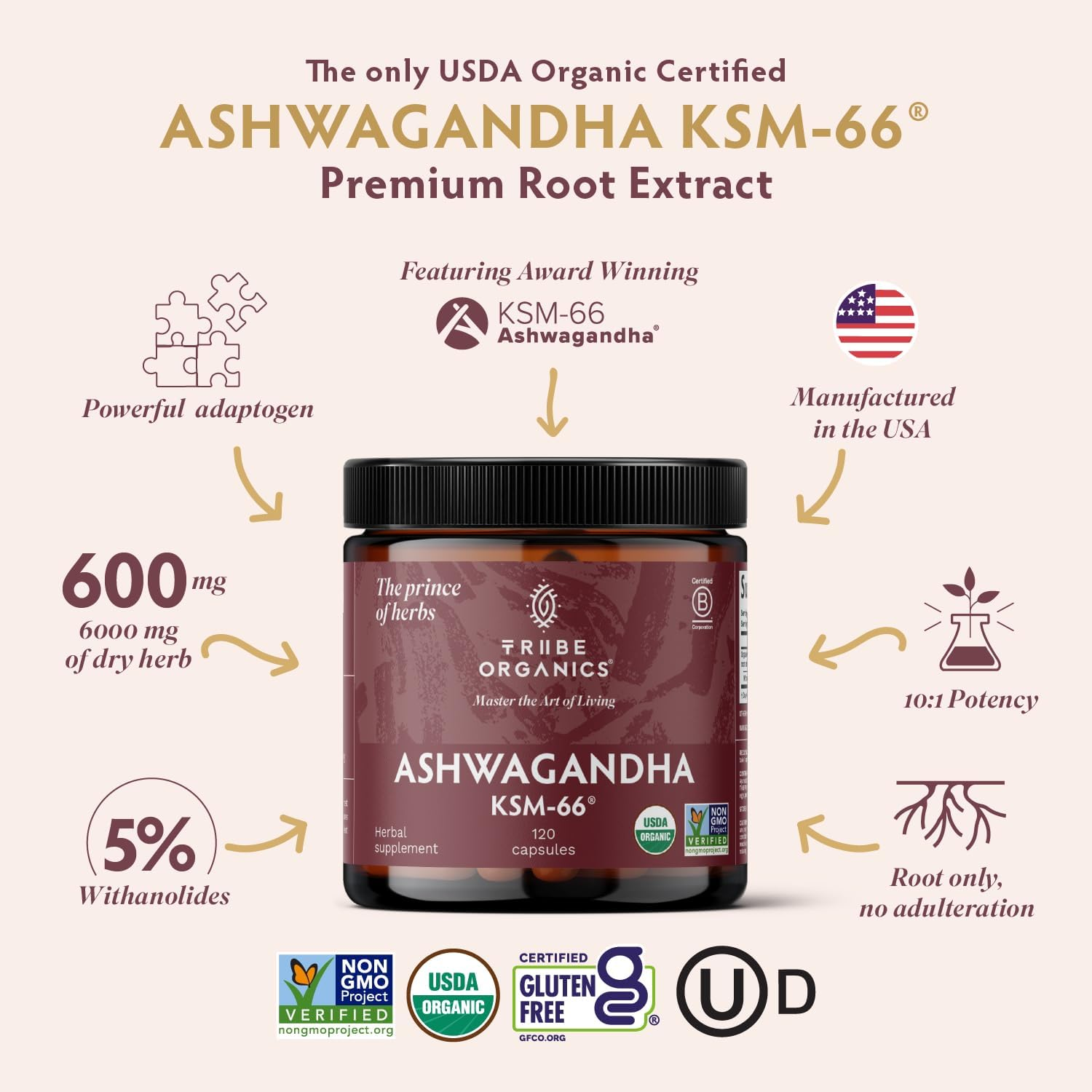 KSM-66 Organic Ashwagandha Capsules, Pure Root Powder Extract - 120 Vegetarian Vcaps - Highest Potency 5% Withanolides - Stress & Anxiety Relief, Cortisol Manager, Adrenal Support, Thyroid Support image number 4