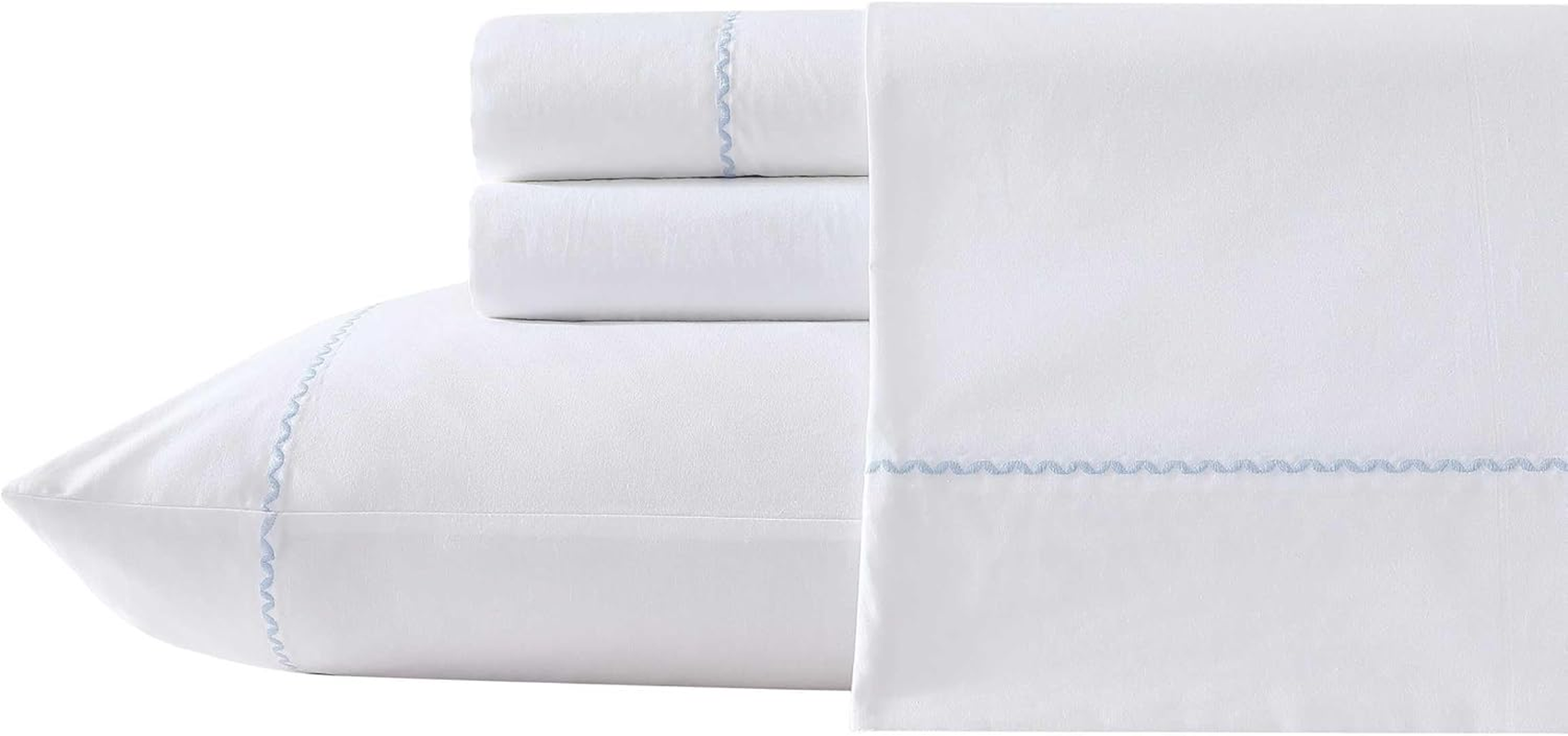 Laura Ashley - Sheet Set, Breathable Cotton Percale Bedding with Matching Pillowcases, Soft Home Decor (Scallop Blue, Full)