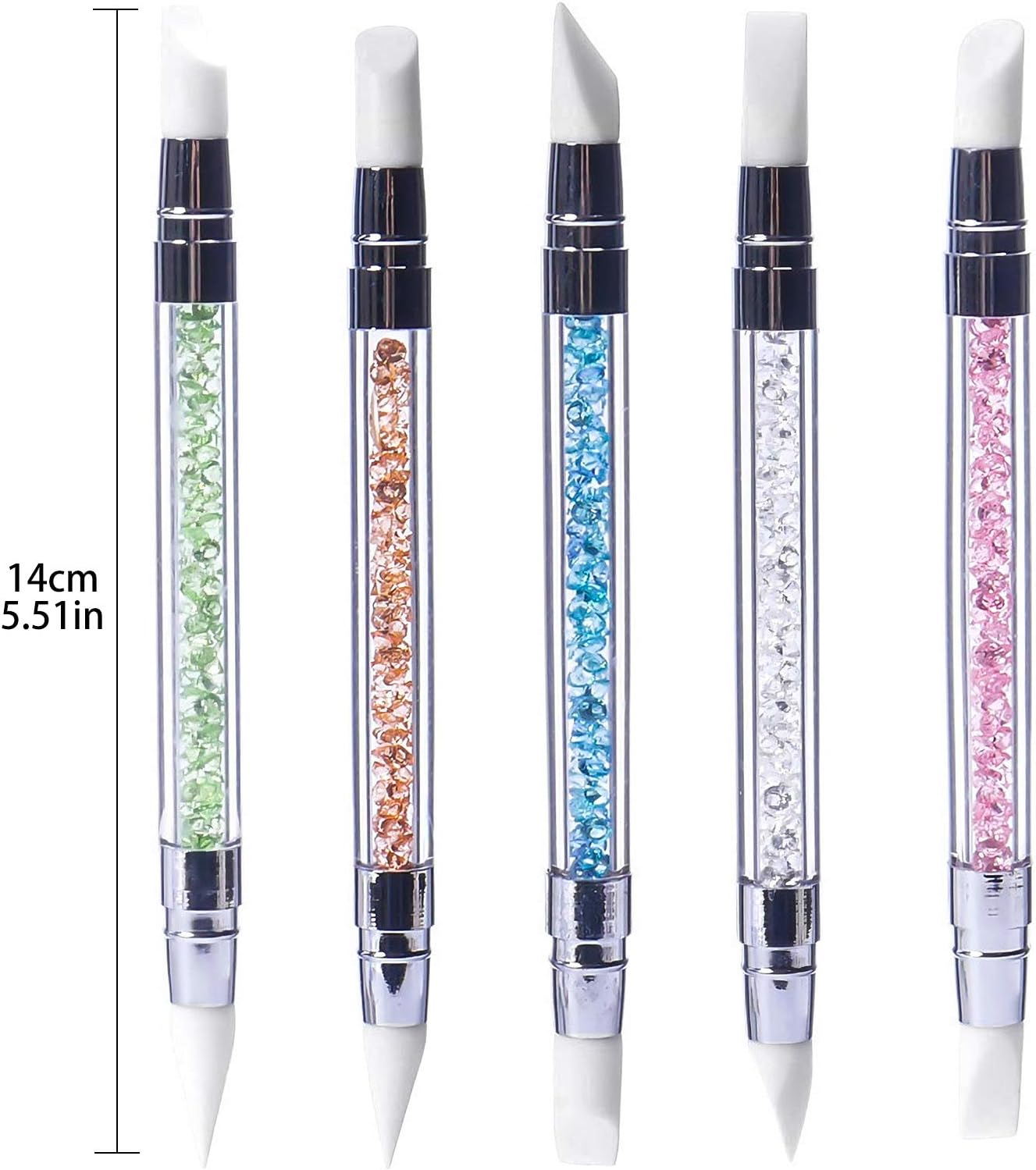 Hanyousheng 5Pcs Gel Nail Art Pen Carving Brush Silicone Head Acrylic Handle Salon Tool Set, Gel Carving Ballpoint Pen Pencil with Acrylic Rhinestone Handle, Nail Art Brush, Nail Art Pencil