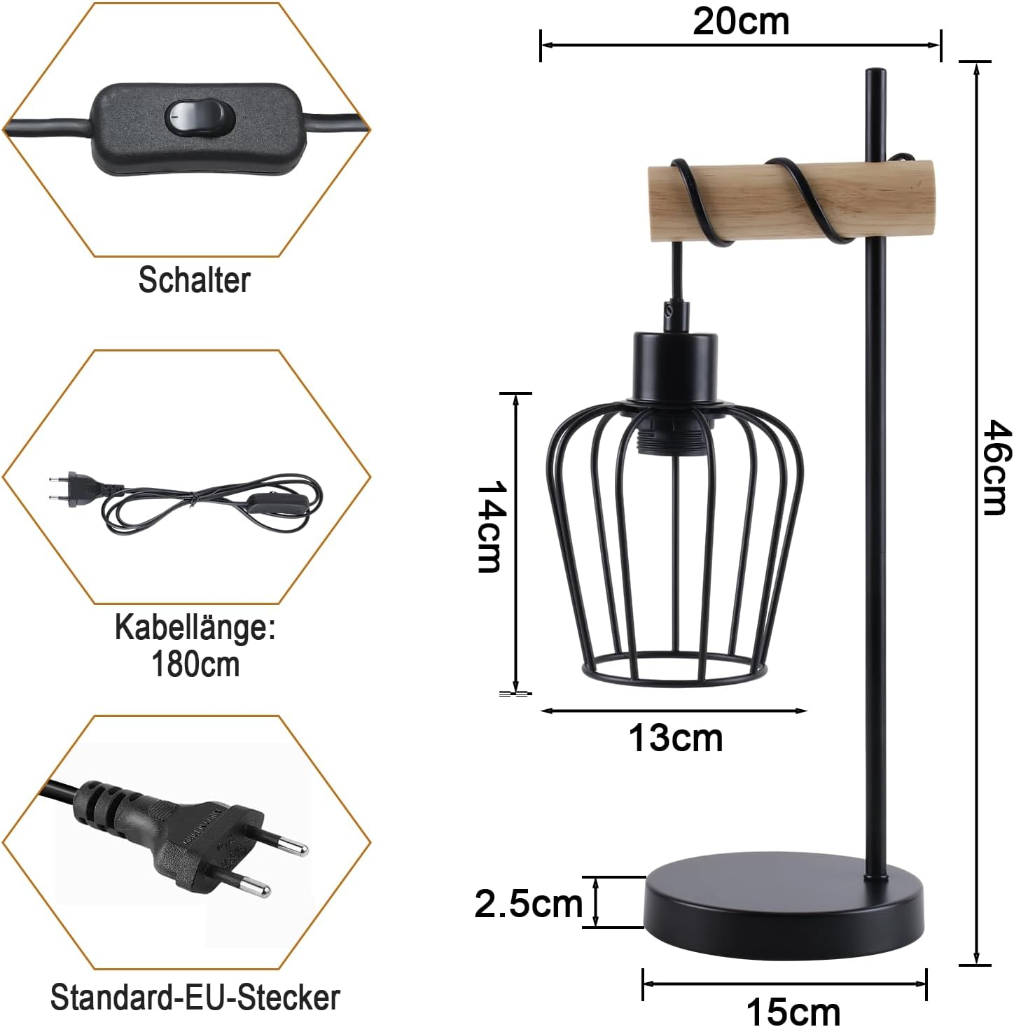 ZMH Vintage Wooden Living Room Table Lamp: Black Bedside Lamp 1 Light Industrial Design Metal E27 Socket Retro for Hotel Room - without Bulb - Floor Lamp D image number 5