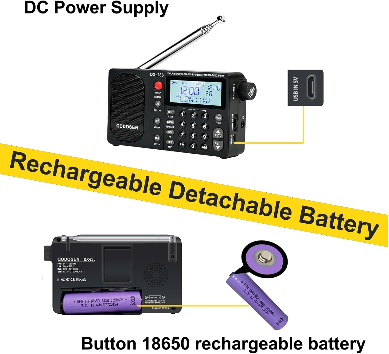 QODOSEN DX-286 Portable Radio, with TEF6686 Automotive Chip,Lw,Am, FM, Shortwave,Data System(Rbds/Rds),Antenna Attenuator,Antenna Switch, AMP Switch,1000 Presets,Tone Switch,Clock/Utc/Alarm/Sleep image number 6