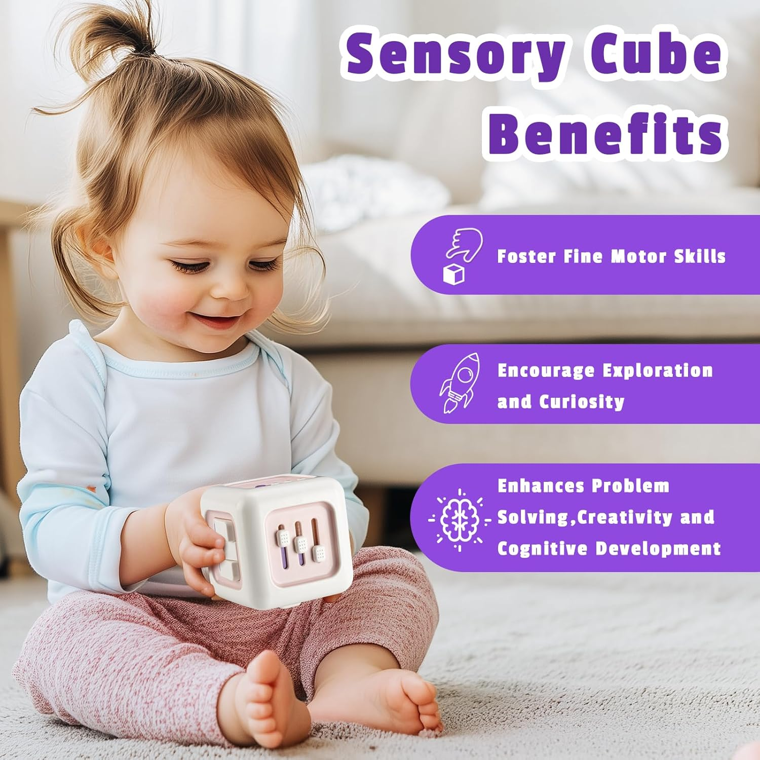 Montessori Busy Cube for Babies Toddlers, Sensory Travel Toys 6-12 Months for Plane, Baby & Toddler Learning & Education Toys for 1 2 Year Old Boy Girl Gifts, Newborn Baby Gifts, Purple image number 4