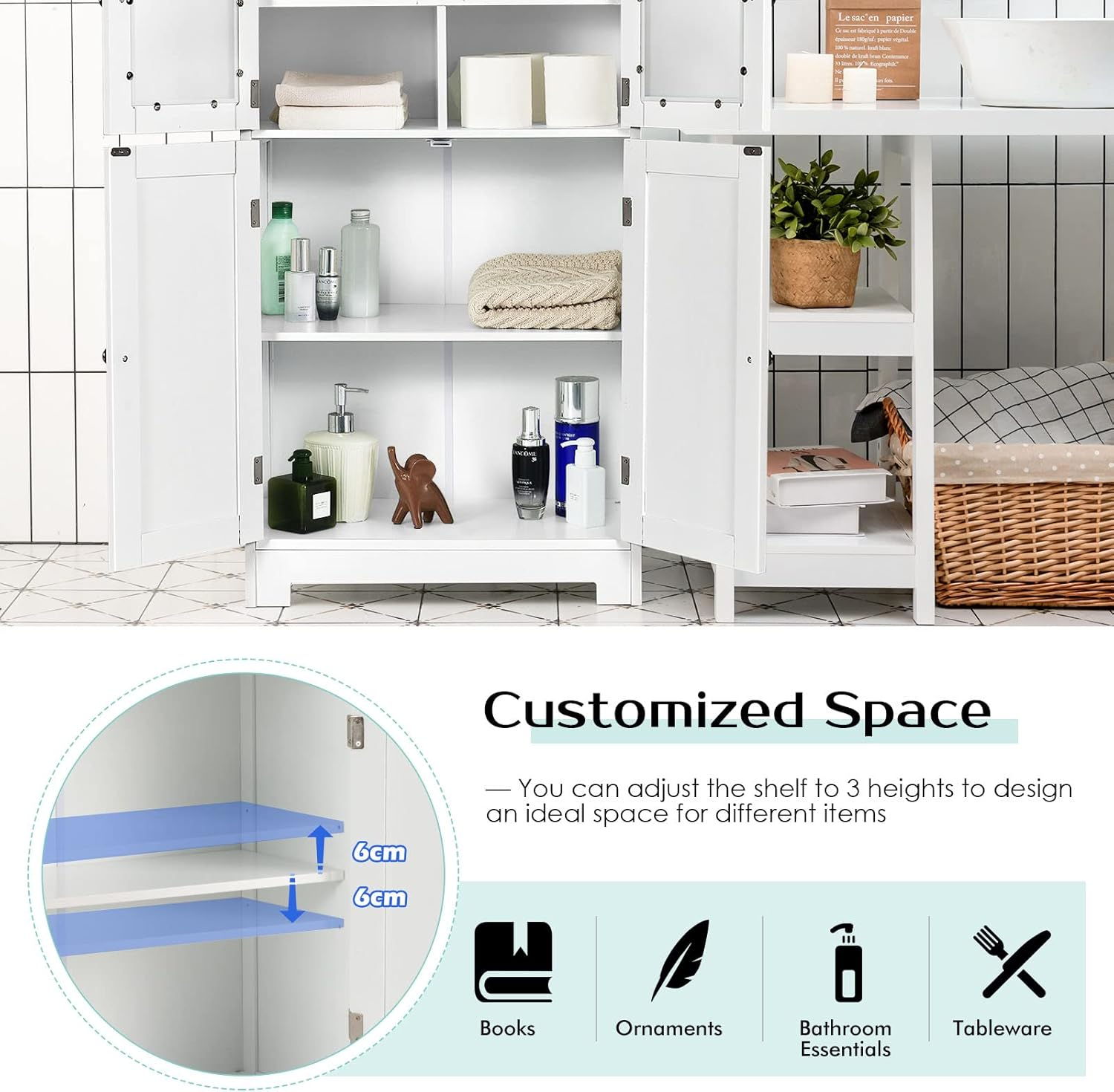 Giantex Bathroom Storage Cabinet, Kitchen Pantry Cabinet W/Tempered Glass Doors & Adjustable Shelf, Freestanding Wooden Floor Cabinet W/Anti-Toppling Device for Dining Room & Living Room (White)