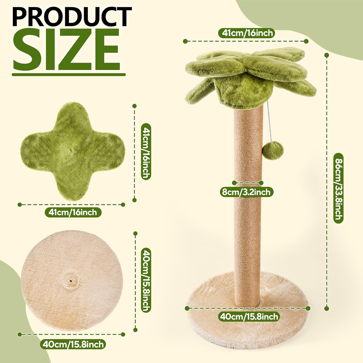 LIFLIX Palm Tree Cat Scratching Post, Sturdy 86Cm Tall Sisal Scratch Post with Interactive Dangling Ball, Cute Cat Scratcher for Indoor Adult Cats image number 1