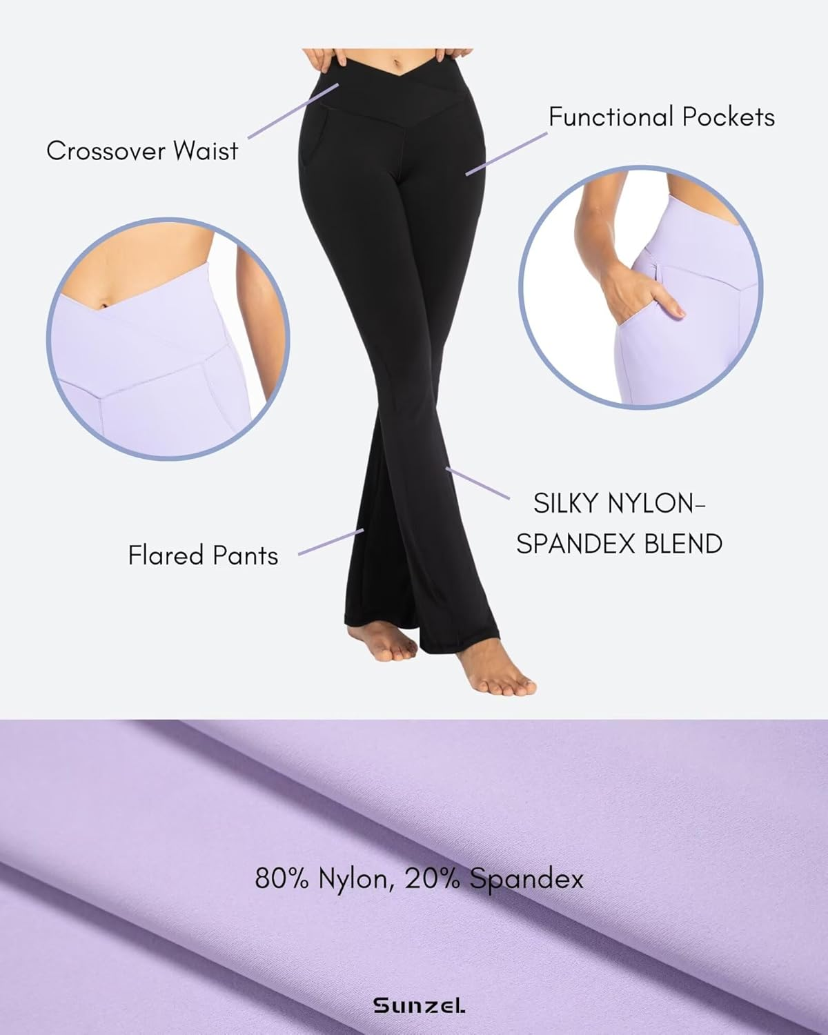 Sunzel Flare Leggings for Women with Pockets, Crossover Yoga Pants with Tummy Control, High Waisted and Wide Leg, 30" image number 4