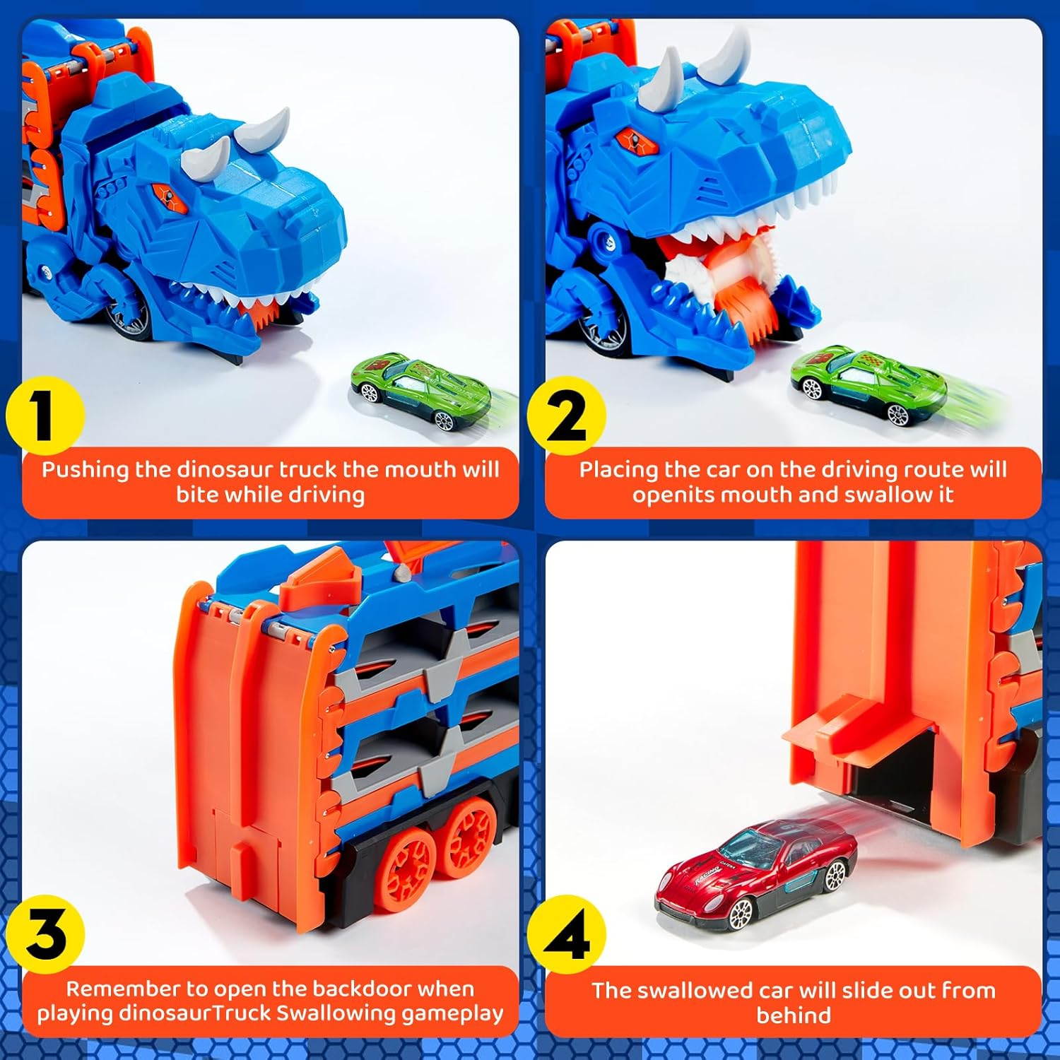 Car Toys for 3 4 5 6 Years Old Boys,Dinosaur Transporter Truck with 5-FT Race and 12 Die-Cast Cars,Toddler Dino Educational Toys for Kids 3-5 6-8 Year Old Boys Girls Birthday Gifts image number 6