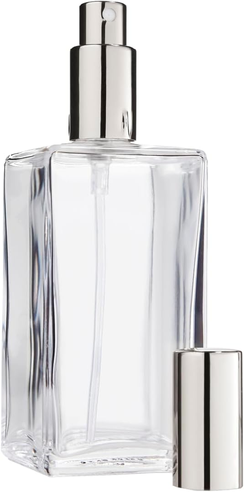 Fantasia Perfume Bottle Empty 100 Ml with Atomiser Pump, Square Clear Glass Bottle to Fill Yourself, with Perfume Atomiser and Cap in Silver, Refillable for 100 Ml image number 3