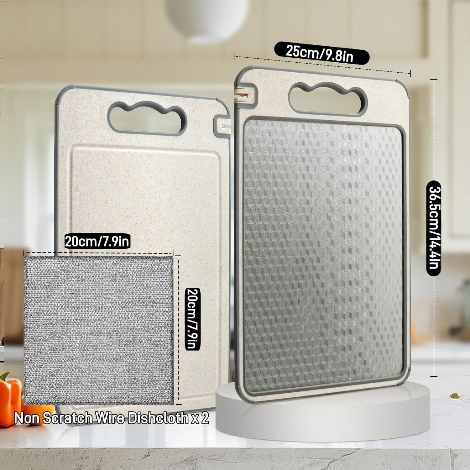 CHDEXU Double Sided Cutting Board for Kitchen, 304 Stainless Steel and Wheat Straw Chopping Board for Meat Vegetables Fruit, Cutting Boards with Handle and Non Slip Design image number 3