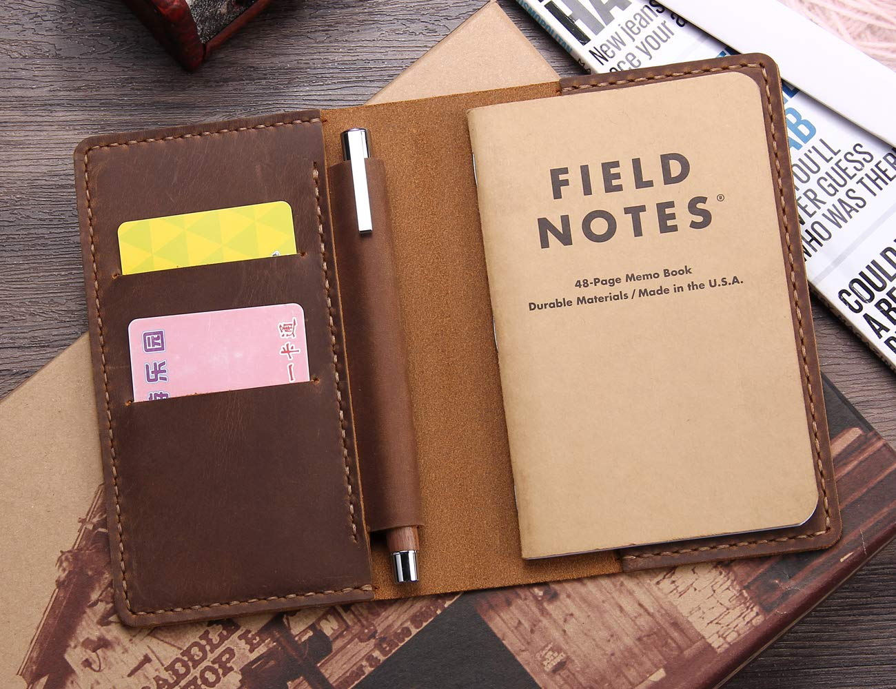 Leather Notebook Cover for Field Notes, Handmade Journal Cover for Moleskine Cahier Journal, Leather Cover with Pen Holder Fits 3.5" X 5.5" Pocket Notebook - Brown image number 4