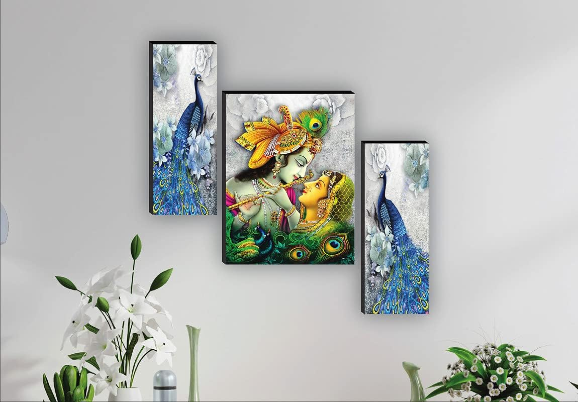 SAF Religious 'Radha Krishna with Couple Peacock ' Abstract Wall Painting Frame - JM31084 (Multicolour, 12 Inch X 18 Inch, Standard) - Set of 3 image number 2