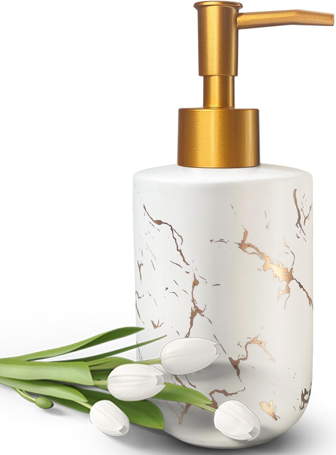 Gold Ceramic Soap Dispenser for Bathroom White Soap Dispenser for Kitchen Dish Soap Dispenser with Marble Pattern Liquid Hand Soap Dispenser Pump Bottle (White) image number 4