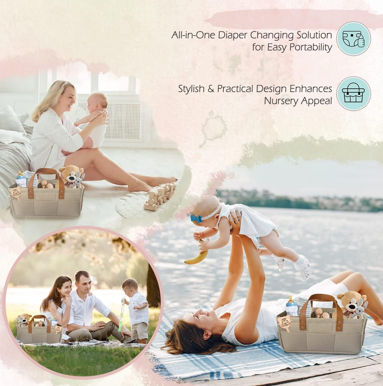 Misenfar Baby Diaper Caddy Organizer, Large Baby Nappy Caddy Storage Basket, Portable Caddy Organizer with 3 Removable Dividers, Basket for Nursery with Changing Pads & Storage image number 4