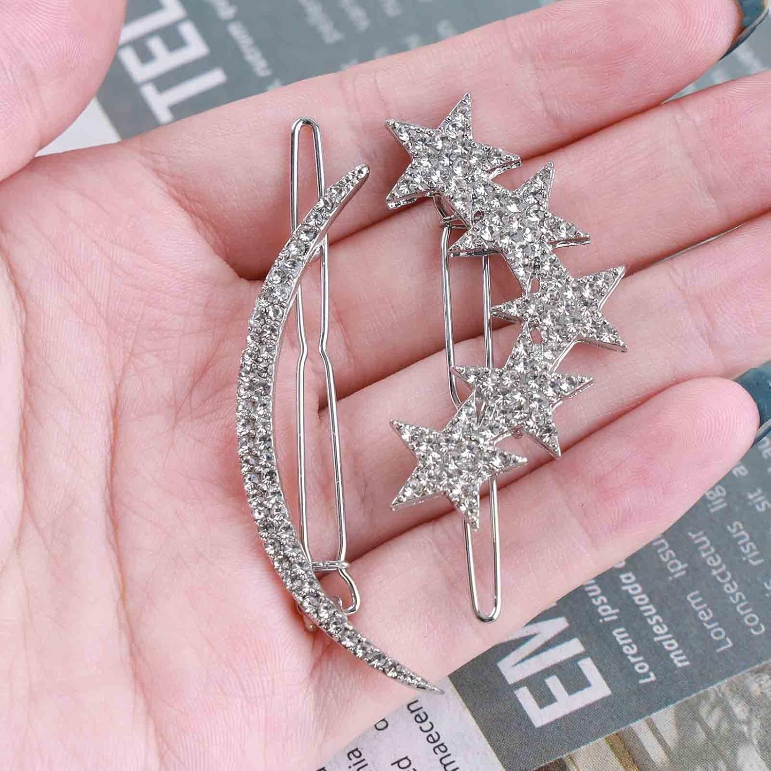 Yheakne Boho Crystal Moon Star Hair Clip Cz Star Hair Clip Silver Rhinestone Crescent Moon Hair Clip Cz Hair Clip Headpiece Decorative Headwear for Women and Girls (Silver Star and Moon) image number 3