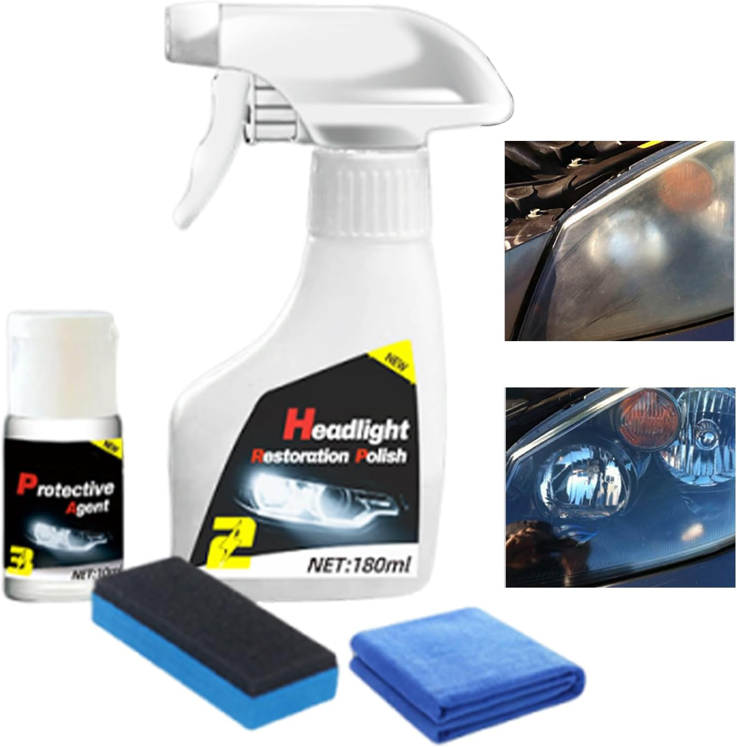 Headlight Restoration Kit, 180Ml Headlight Polishing Cleaner Coating Agent, Automotive Detailing Supplies for Yellowing Blur Recovery Road Trip Truck RV Maintenance Safe Driving