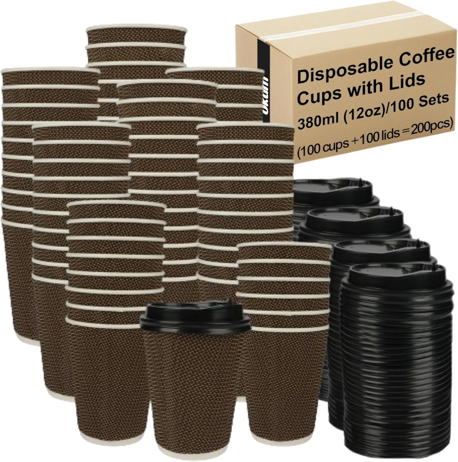Okam Disposable Coffee Cups with Lids 12Oz (380Ml) - 100 Sets - Corrugated Ripple Wall Paper Cups - for Takeaway Coffee/Hot Chocolate - 3-Layered Wall for Hot/Cold Drinks - Coffee Shop Bulk Buy image number 4