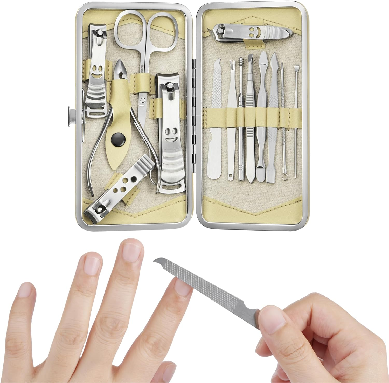H&S Manicure Set for Women & Men - Manicure & Pedicure Tools & Accessories - 14 Pcs - Stainless Steel Nail Clippers Set & Cuticle Remover - Cutter Trimming Grooming Tools - W/Leather Case - Nail Kit